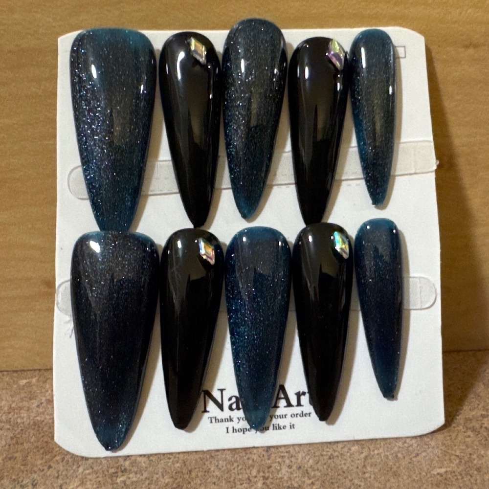 Teal Cat Eye and Glossy Black Stiletto Press On Nails with Rhinestone Accents